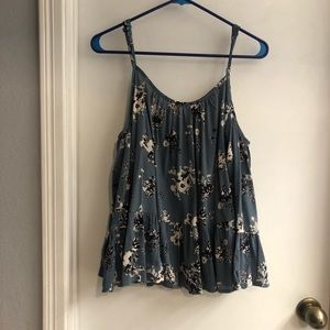 Blue cold shoulder shirt.